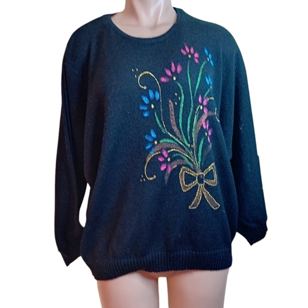 Womens Vintage Sara Valentino Neon Flower Sweater‎ Cozy Winter Warm Knit XL